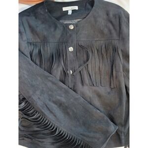 WD NY Womens Black Faux Suede Fringe Western Snap Front Jacket Large